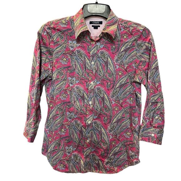 Chaps Women's Button Down Shirt Pink/Blue/Yellow Floral Paisley Size Medium - Picture 1 of 7